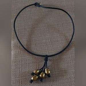 New Handmade Gold Pearl & Black Leather Necklace
